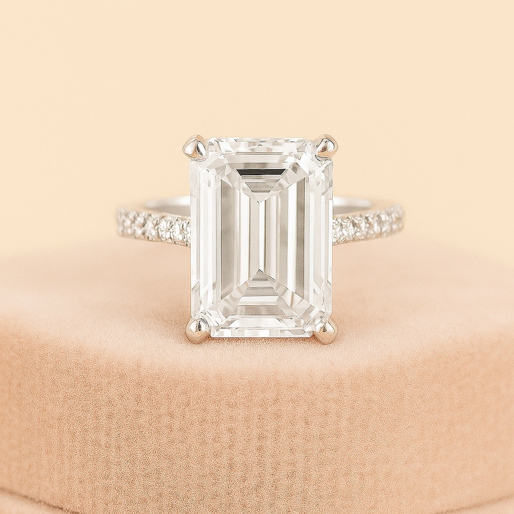 8ct D VVS1 Platinum Emerald cut Moissanite Ring - Picture 3 of 11